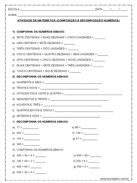 Atividade De Matematica Composicao E Decomposicao Numerica 4º Ou 5º Ano Pdf