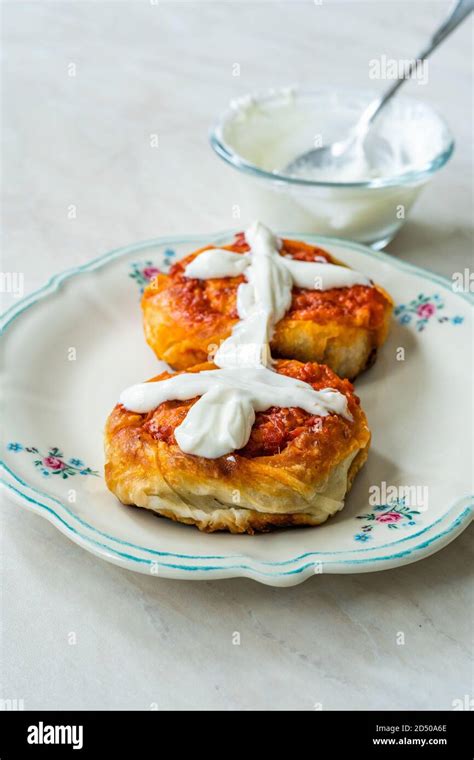 Turkish Traditional Food Borek Manti With Minced Meat Tomato Paste And