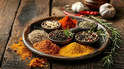 Assorted Spices In A Plate Spoons And Bowls On Wooden Background