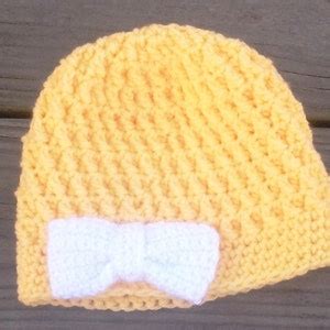 Yellow Crochet Hat With White Bowtextured Hat Cap Beanieany Size - Etsy