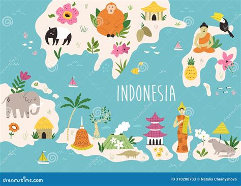 Colorful Illustrated Cartoon Map Of Indonesia With Animals, Famous Places, Symbols ...