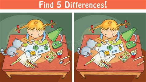 Find Differences Game With A Cartoon Girl Drawing A Picture Stock ...