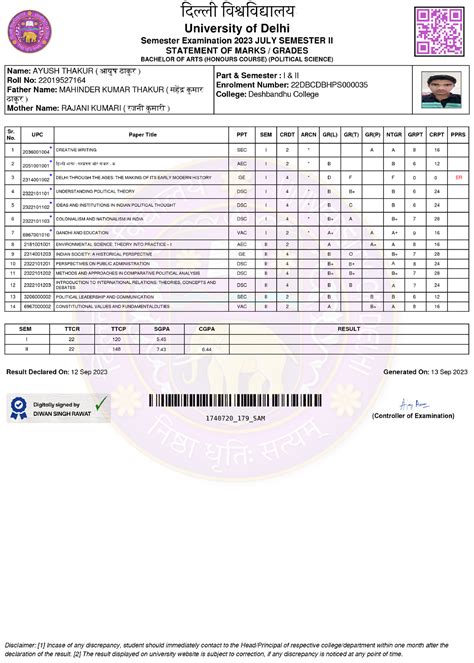 Ayush Result Marksheet B A Hons Pol Science B