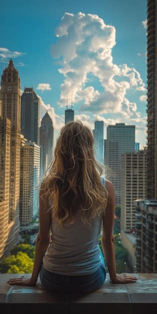 Premium Photo Blonde Woman Sitting On A Ledge Overlooking A City