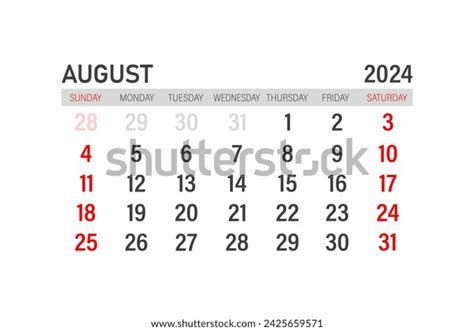 August 2024 Calendar Template Layout August Stock Vector Royalty Free