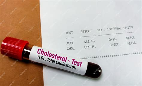 Amostra de sangue com relatório alto anormal de colesterol total e ...
