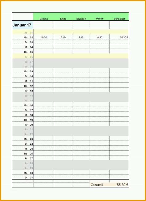 Beste Arbeitsstunden Tabelle Vorlage Excel Arbeitszeitnachweis