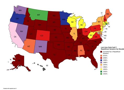 Last time each state had two Republican senators, by decade. : r ...