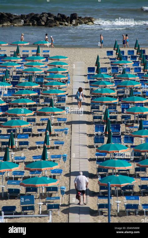 Aerial view of Cattolica beach with people and blue water. Summer ...