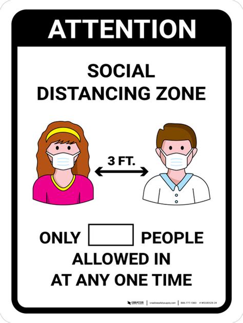 Attention Social Distancing Zone With 3ft Icons Portrait Wall Sign