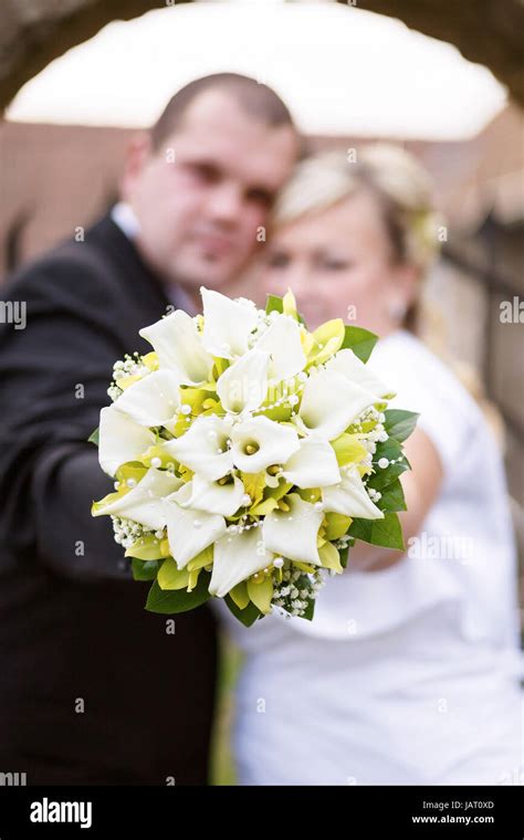 Beautiful Young Wedding Couple Bride With Her Groom And Wedding