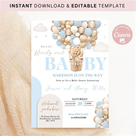 Editable We Can Bearly Wait Baby Shower Invite Hot Air Balloon Blue Boy Teddy Bear Theme Boho