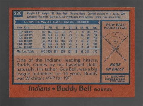 1978 Topps Buddy Bell Cleveland Indians 280 Near Mint Or Better EBay