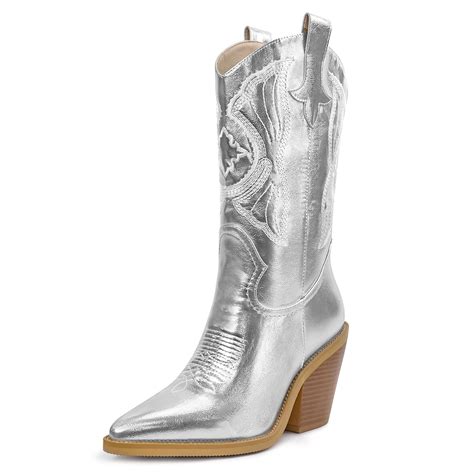 Isnom Cowgirl Boots For Women Embroidered Pointed Toe Chunky Heel Western Boots 7 Metal Silver