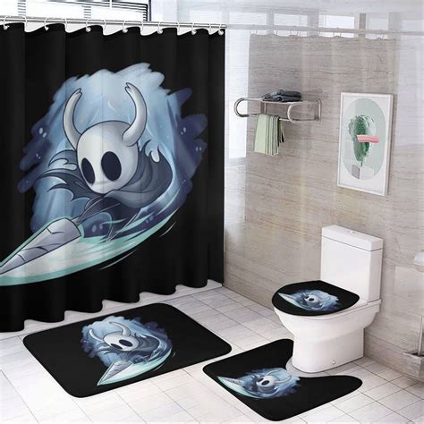 Hollow Knight 4pcs Bathroom Sets Shower Curtain Sets With Toilet Lid Cover U Shaped Mat And