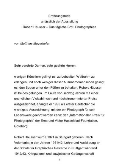 Er Ffnungsrede Anl Sslich Der Ausstellung Robert H Usser Das