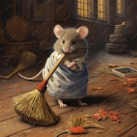 Premium AI Image | painting of a mouse in a dress sweeping leaves on