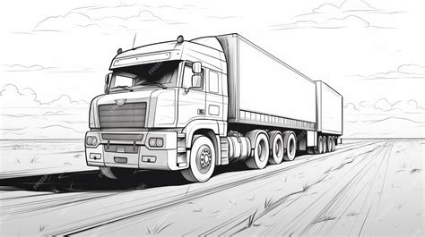 A monochromatic drawing of a semi truck driving through the countryside ...