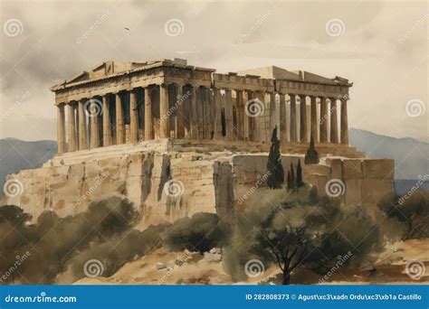 Painting Of A Watercolor Drawing Of The Parthenon In Greece Stock