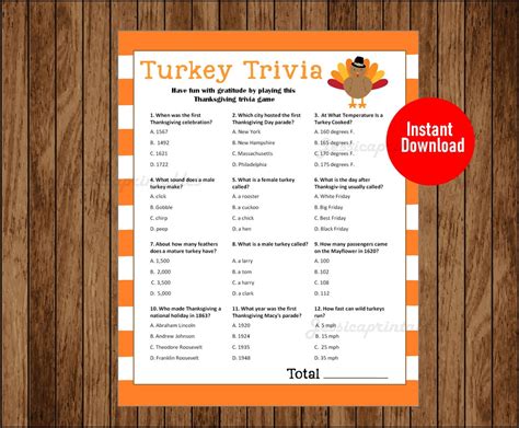 Turkey Trivia Printable Game Thanksgiving Games Thanksgiving | Etsy