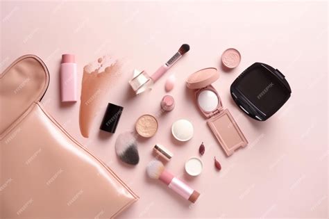 Premium Photo Cosmetic Products Flowing From Makeup Bag On Pastel Pink Background Flat Lay Top