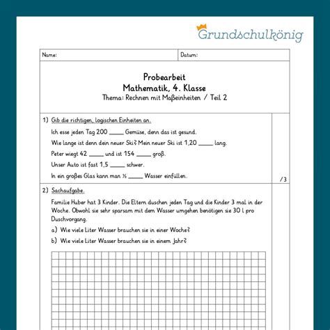 Mathe 4 Klasse Zwei Proben Maßeinheiten Grundschulkönig Gmbh