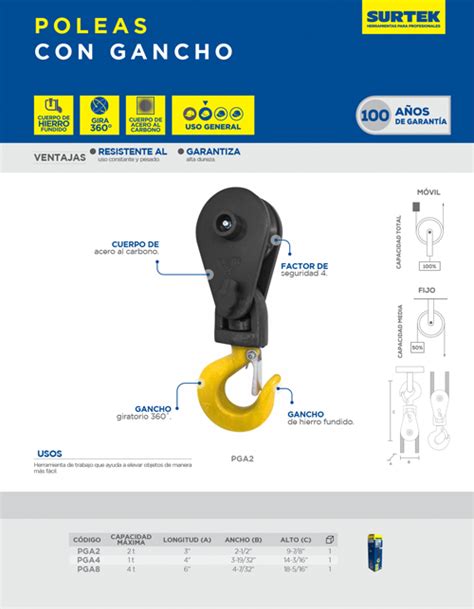 PGA4 Polea Con Gancho Para Cable 1 2 4 Ton Surtek Tienda Urrea