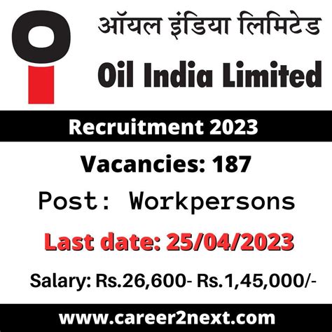 Oil India Recruitment 2023 187 Workpersons Posts Career2next