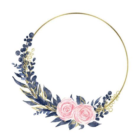 Watercolor Gold Frames With Navy Blue Foliage Clipart In 2022 Wreath