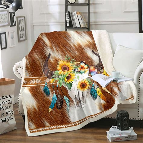 YST Brown Cowhide Western Throw Blanket 40 X50 Sugar Skull Fleece