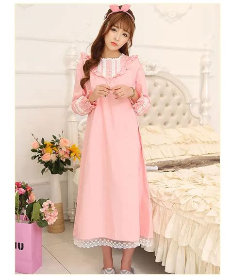 Women Cotton Lace Round Neck Long Sleeve Nightdress Nightgownlady Girl