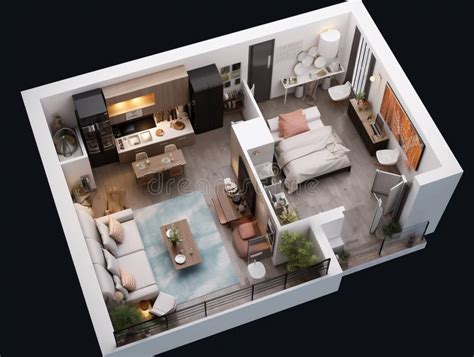 3D Illustration of a Fully Furnished Studio Apartment Layout Plan ...