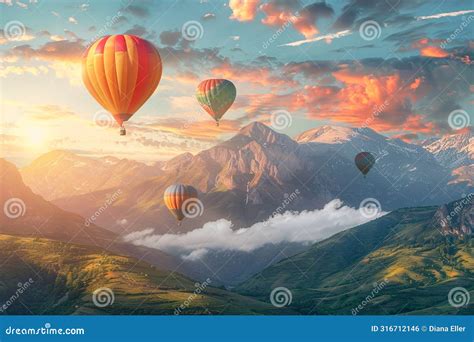 Colorful Hot Air Balloons Soaring Over Beautiful Mountains View Stock