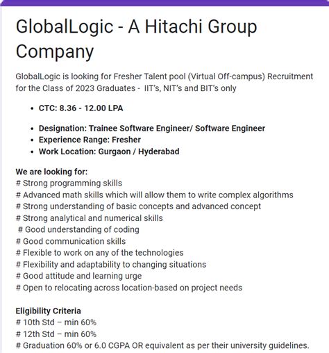 Globallogic Mass Hiring Hiring Software Engineer Be Btech Any