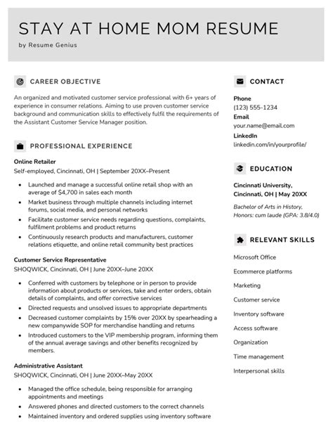 Sample Resumes For Stay At Home Moms Returning To Work At Tanlondonblog