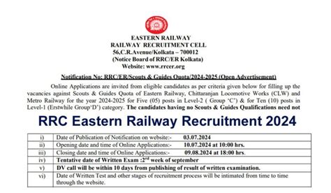 Rrc Eastern Railway Recruitment Notification For Scouts Guides