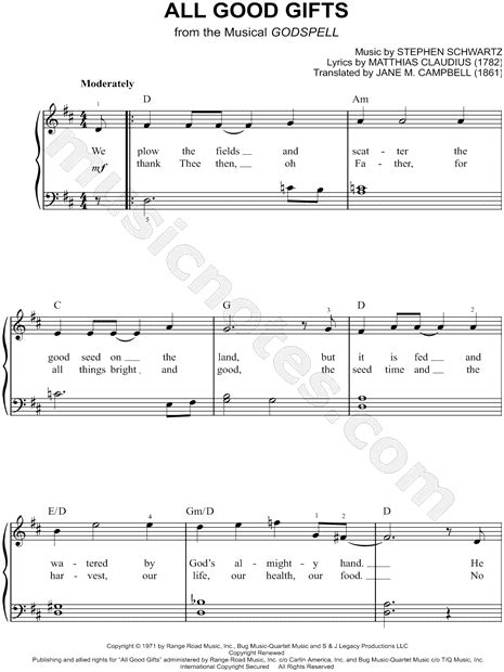 "All Good Gifts" from 'Godspell' Sheet Music (Easy Piano) in D Major ...