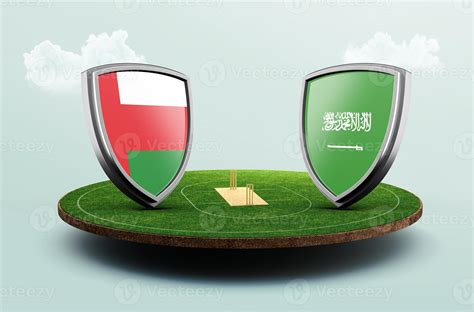 Oman vs Saudi Arabia cricket flags with shield on Cricket stadium 3d ...