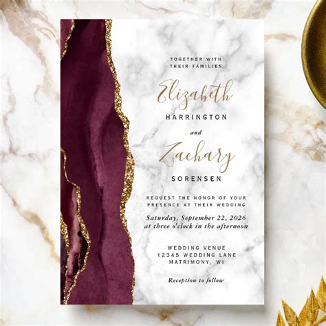 Modern Burgundy Gold Agate Marble Wedding Invitation Zazzle