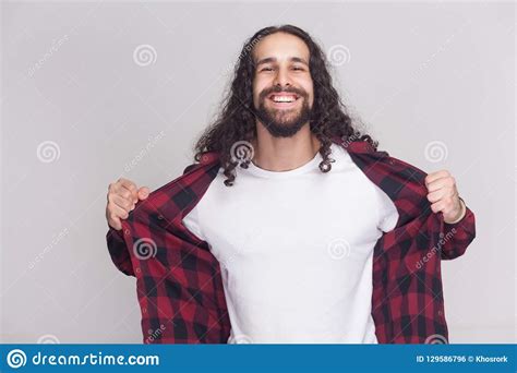 Happy Toothy Smile Handsome Man With Beard And Black Long Curly Stock