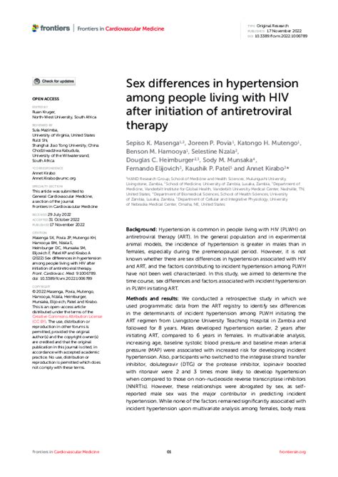 Pdf Sex Differences In Hypertension Among People Living With Hiv