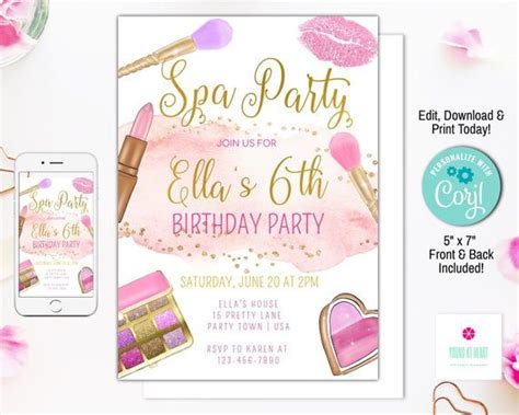 Spa Makeup Birthday Party Invitation Editable Glam Party Invitation