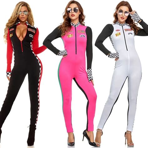 Racing Girl Women Jumpsuit Costume M Xl Pink White Sexy Race Car Driver