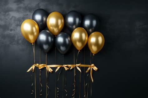 AI generated Black and golden balloons with ribbons on black background ...