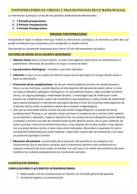 Postoperatorio En Cirugía Y Traumatología Buco Maxilofacial Cristian