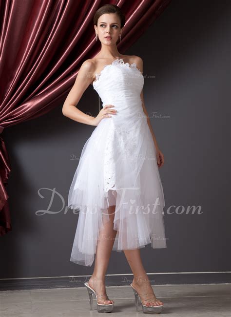 A Line Princess Strapless Asymmetrical Tulle Wedding Dress With Ruffle