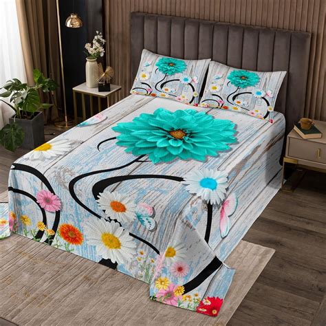 YST Flowers Bedspread Set King Size,Teal Daisy Farmhouse Floral Quilt ...