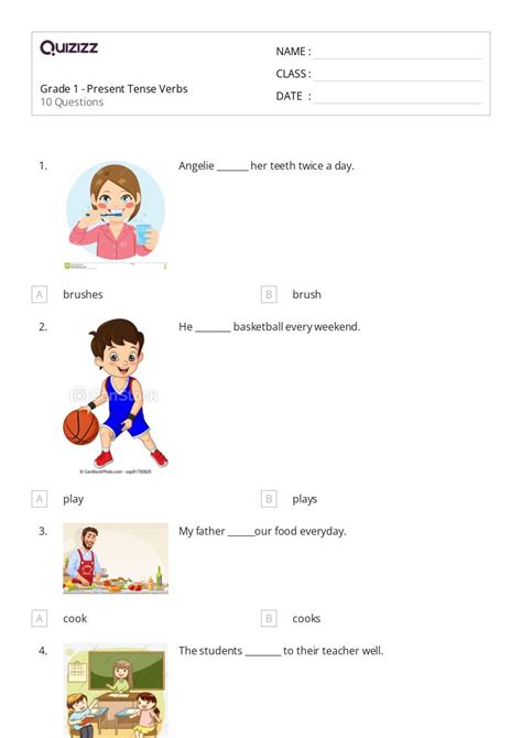 50 Present Tense Verbs Worksheets For 1st Grade On Quizizz Free