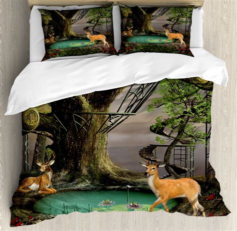 Deer Duvet Cover Set With Pillow Shams Fantasy Forest Pattern Print Ebay