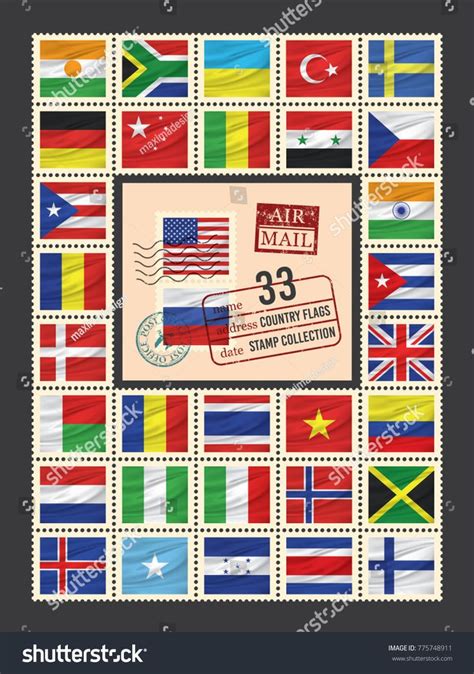 33 Country Flags Postage Stamp Collection Vector Illustration Stamp